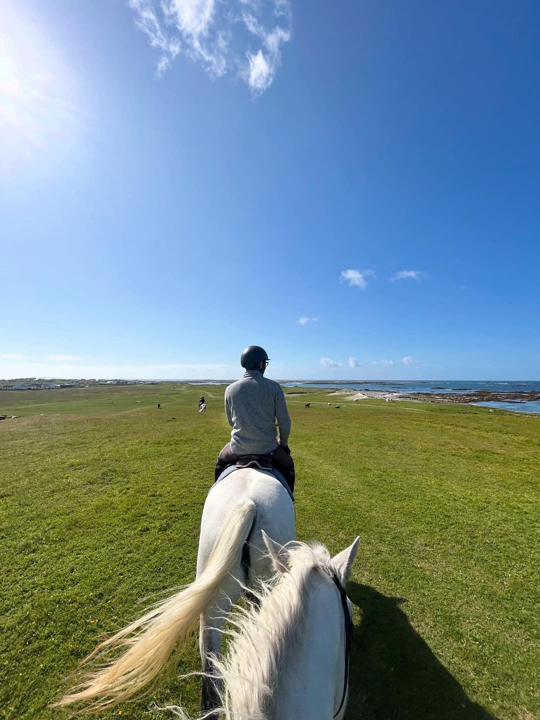 Riding a white horse along the Connemara coast on a sunny day