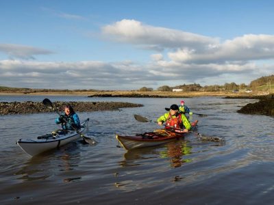 A wide-view shot of a small group of mature and mid adult friends kayaking in the sea, they are paddling with oars and they are wearing life jackets.